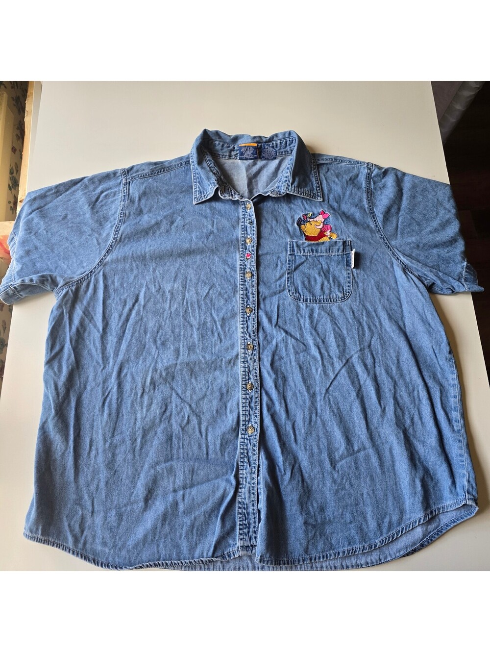 Vintage Disney Pooh Woman 22W 24W Denim Short Sleeve Button Down Shirt